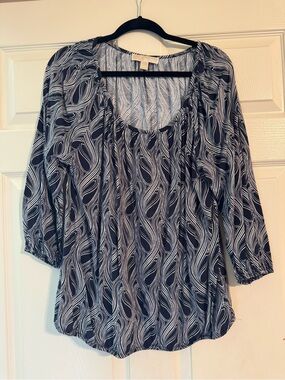 Michael Kors Navy and White Wave-Print Blouse